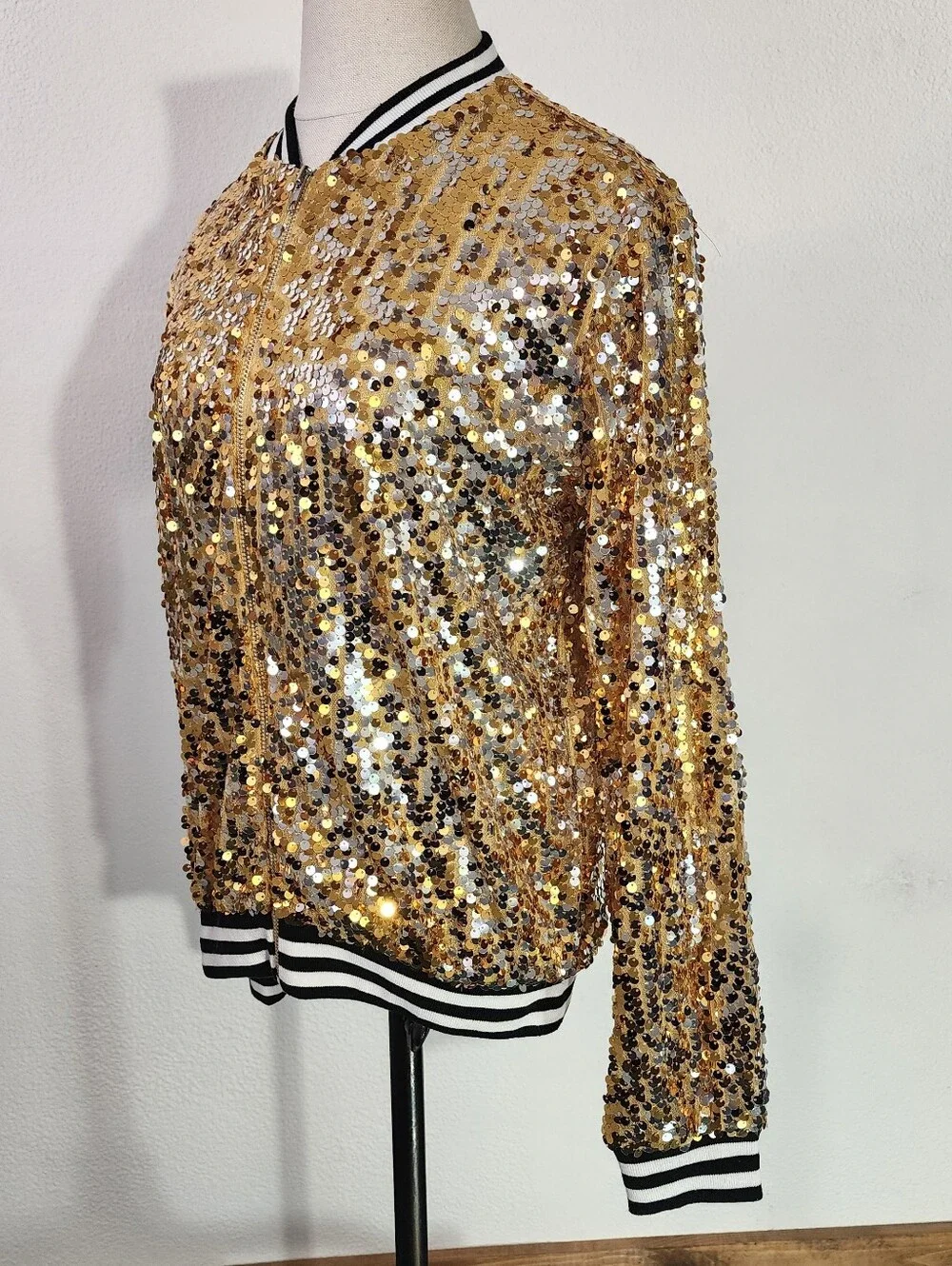 Anna-Kaci Jacket Gold Sequin Bomber Style Sparling Gold Size S - Picture 8 of 17